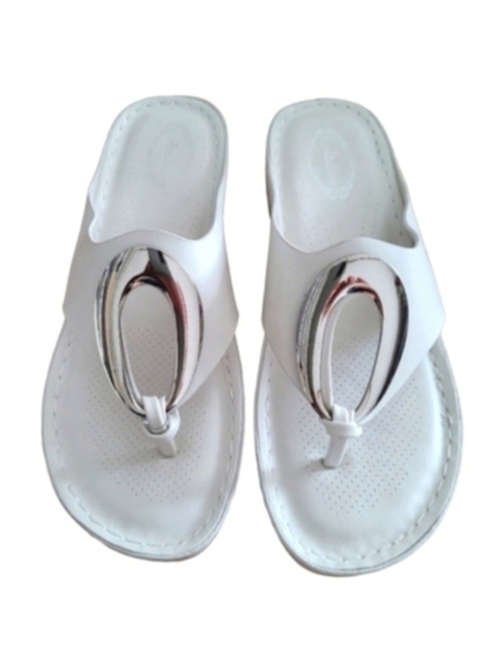 White Thong Sandals with Silver Accent - Women's Casual Slides